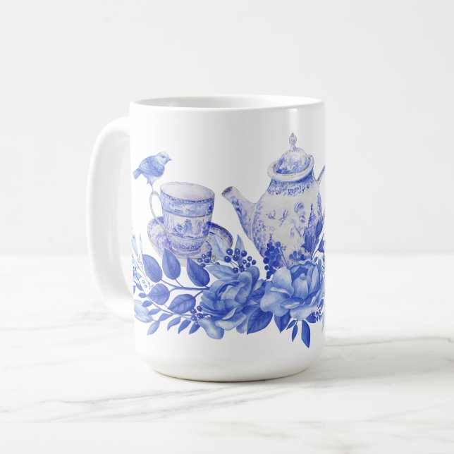 Caneca De Café Conjunto de chá azul e branco com Mug de aves (Frente Esquerda)