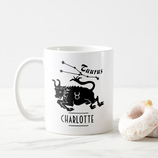 Caneca De Café Constelação Taurus Bull Nome Personalizado Anivers (Com Donut)
