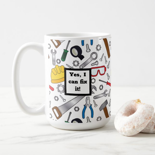Caneca De Café Construa várias ferramentas manuais e engrenagens (Com Donut)