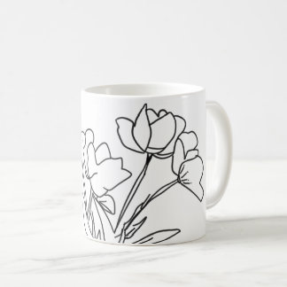 Caneca De Café Contorno das flores pretas e brancas