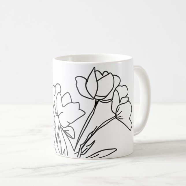 Caneca De Café Contorno das flores pretas e brancas (Frente Esquerda)