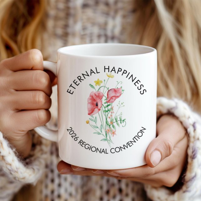 Caneca De Café Convenção de 2026 sobre Felicidade Eterna com Flor (Criador carregado)
