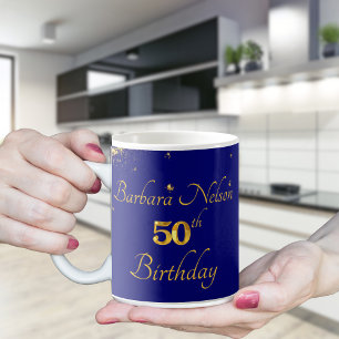 Caneca De Café Convite de Aniversário de 50 anos Gold & Navy