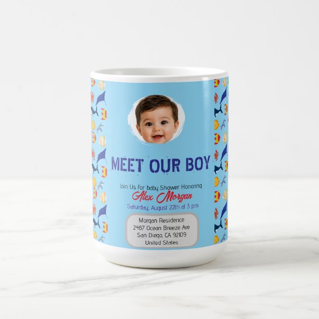 Caneca De Café Convite de Churrasco de Bebê Menino - Sob o Mar (Centro)