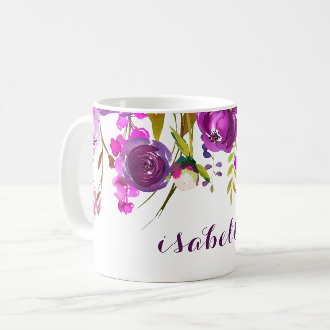 Caneca De Café Copo floral da aguarela roxa bonito (Frente Esquerda)