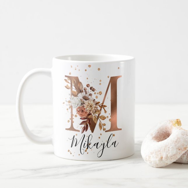 Caneca De Café Copper Floral - Letra M Monograma Café Mug (Com Donut)