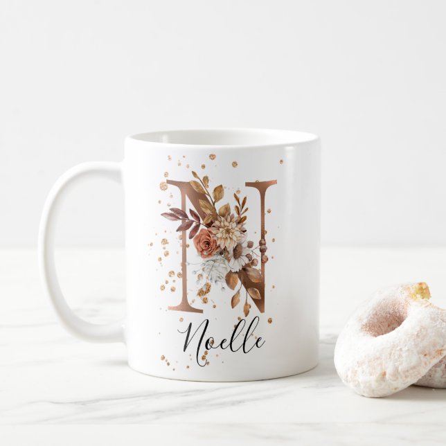 Caneca De Café Copper Floral - Letra N Monograma - Mug Café (Com Donut)
