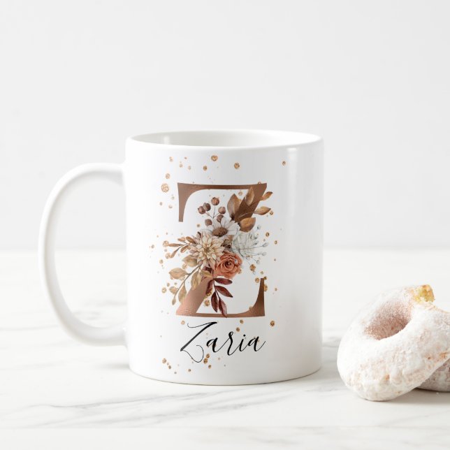 Caneca De Café Copper Floral - Letra Z Monograma Café Mug (Com Donut)