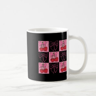 Caneca De Café Coquete Xadrez Rosa Laço E Cerejas Vermelhas Valen