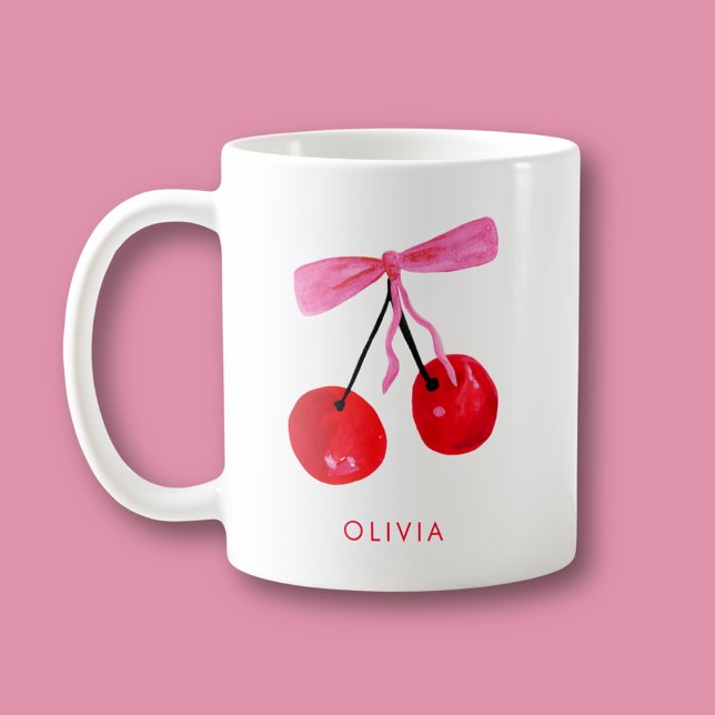 Caneca De Café Coquette Cherry & Arco (Coquette cherry and bow girly coffee mug. Personalize with your own name or initials.)