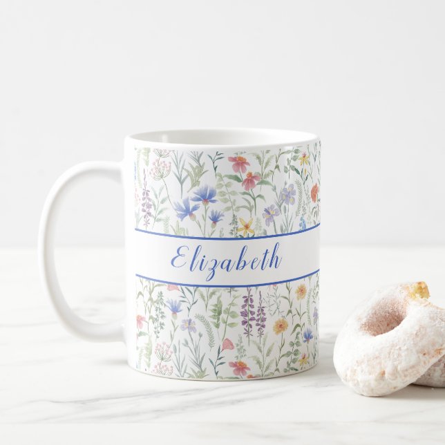 Caneca De Café Coquette Wildflower Meadow Personalised Blue (Com Donut)