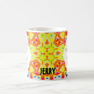 Caneca De Café Cor Amarelo-Brilhante e Arte Geométrica Azul