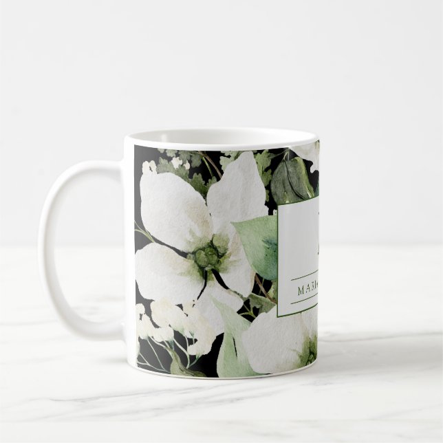 Caneca De Café Cor d'água elegante preto e branco floral (Esquerda)