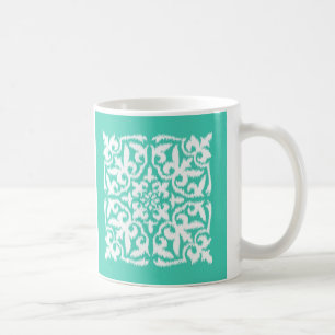 Caneca De Café Cor damasco Ikat - azul-pavão e branco
