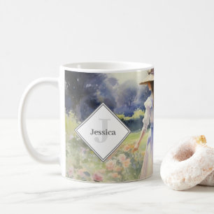 Caneca De Café Cor de água da vindima de algodão do país monogram