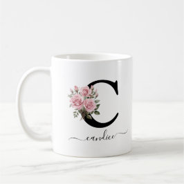 Caneca De Café Cor-de-rosa inicial Flores Florais Nome do Monogra
