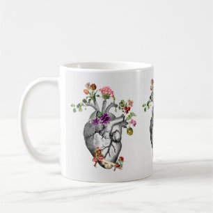 Caneca De Café Coração Anatômico e Flores Coração Anatômica