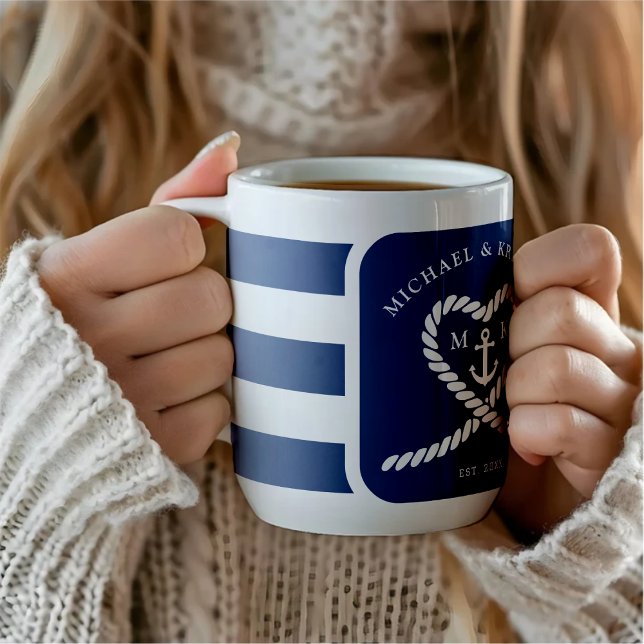 Caneca De Café Coração Âncora Listrado Azul Náutico Casamento  (Nautical Blue Striped Heart Anchor Wedding Coffee Mug
)