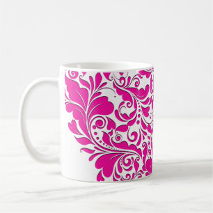 Caneca De Café Coração cor-de-rosa magenta e Damasco branco