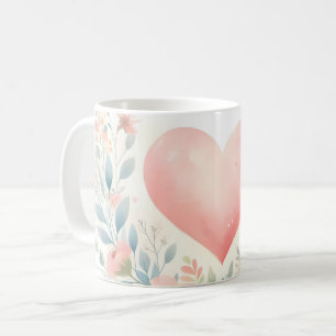 Caneca De Café Coração de Aquarela Suave Amor Flores Pássaros