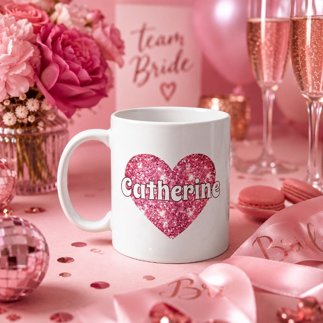 Caneca De Café Coração de Brilho Rosa Glam Girly com Nome  (Criador carregado)