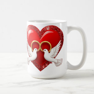 Caneca De Café Coração de Brilho Vermelho com Alianças Casamento