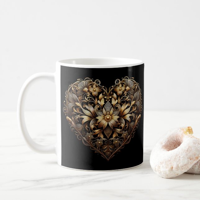 Caneca De Café Coração de ouro com rendilhado romântico. Dia dos  (Com Donut)