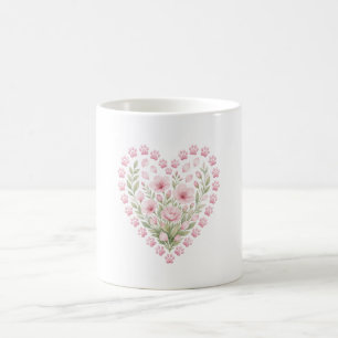 Caneca De Café Coração de Pegada de Pata com Flores Rosas