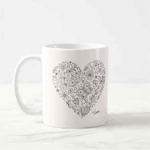Caneca De Café Coração Floral Doodle Arte Botânica Romântica em L