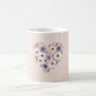 Caneca De Café Coração Floral Rosa Roxo Branco