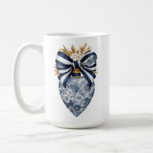 Caneca De Café Coração Floral Toile Azul Laço Listrado Azul-Marin