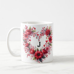 Caneca De Café Coração Floral Vermelho Aquarela Elegante