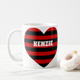 Caneca De Café Coração Forma Nome Personalizado Listras Vermelhas
