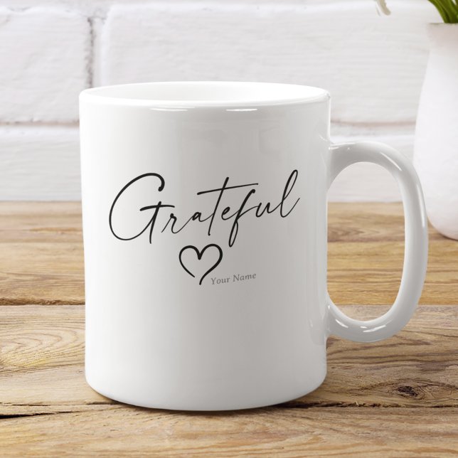 Caneca De Café Coração Grateful | Seu nome - Script de tinta míni (Criador carregado)