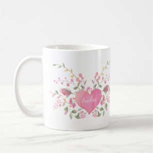 Caneca De Café Coração Rosa e Flores