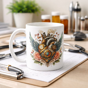 Caneca De Café Coração Steampunk com asas e rosas