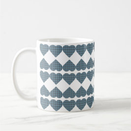 Caneca De Café Coração Xadrez Azul Cinza