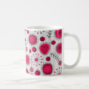 Caneca De Café Corações brancos, vermelhos e brancos e flores flo