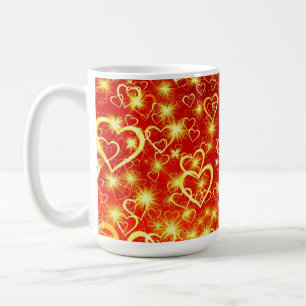 Caneca De Café Corações cintilantes amarelos dourados em fundo ve
