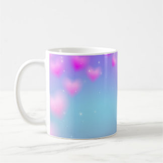 Caneca De Café Corações Cor-de-Rosa Sonhadores e Fundo Pastel com
