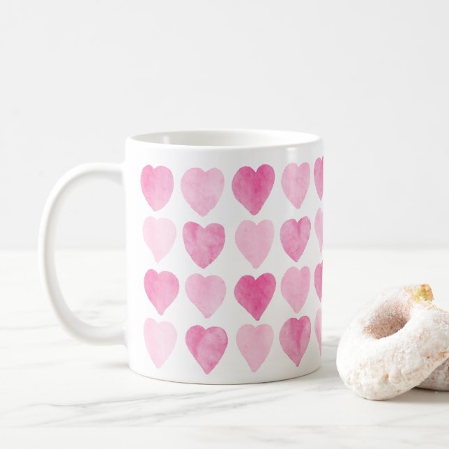 Caneca De Café Corações de Aquarela Cor-de-Rosa-Bonita (Com Donut)