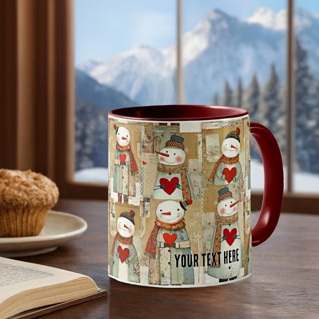 Caneca De Café Corações de Boneco de Neve de Inverno (Mug featuring a whimsical pattern with snowmen carrying warm red hearts)