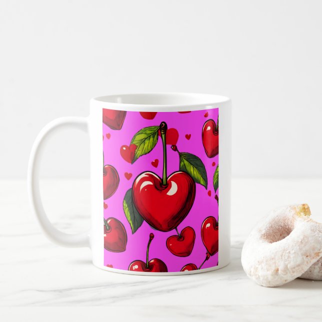 Caneca De Café Corações de Cereja (Com Donut)