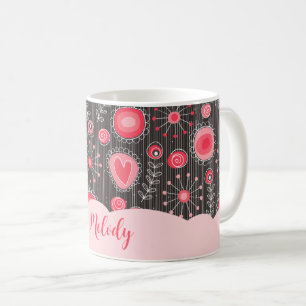 Caneca De Café Corações de cinzas brancas e flores, nome floral