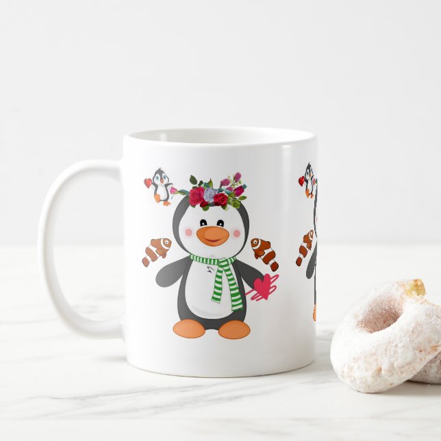 Caneca De Café Corações de Pinguins dias de os namorados (Com Donut)