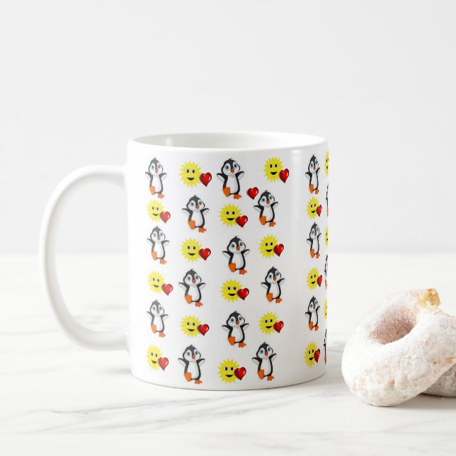 Caneca De Café Corações de Pinguins dias de os namorados (Com Donut)