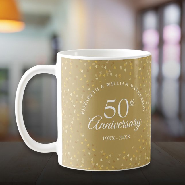 Caneca De Café Corações do Ouro do 50º Aniversário do Casamento (50th Wedding Anniversary Golden Hearts Coffee Mug)