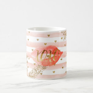 Caneca De Café Corações Dourados Cor-de-rosa pincelados Lábios co