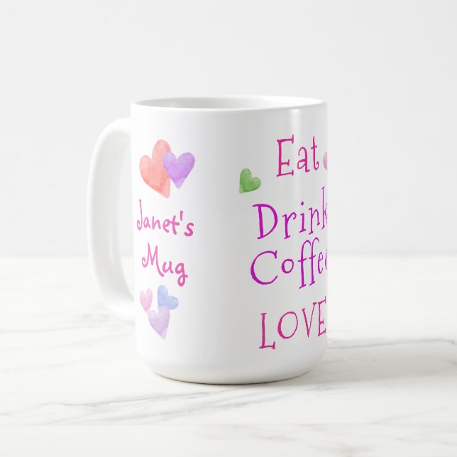 Caneca De Café Corações em Aquarela COMA Beba Café AMOR (Frente Esquerda)