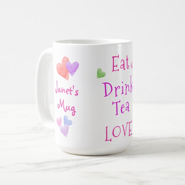 Caneca De Café Corações em Aquarela COMA Beba Chá AMOR (Frente Esquerda)
